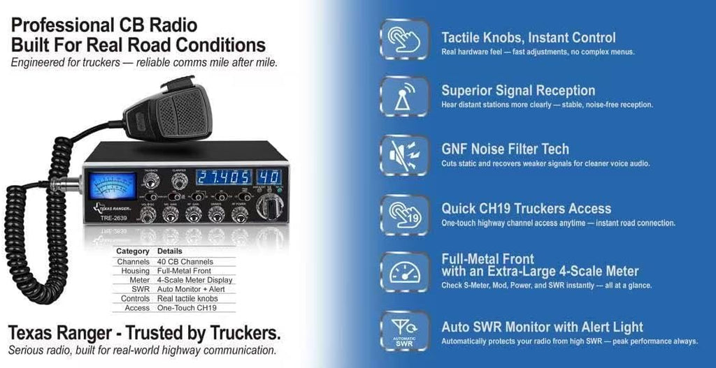 Texas Ranger TRE-2639 40 Channel AM CB Radio for Truckers – Metal-Reinforced Front Panel, Large Multi-Function Meter, GNF Noise Filter, Variable Power, Talkback & SWR Protection, Quick CH19