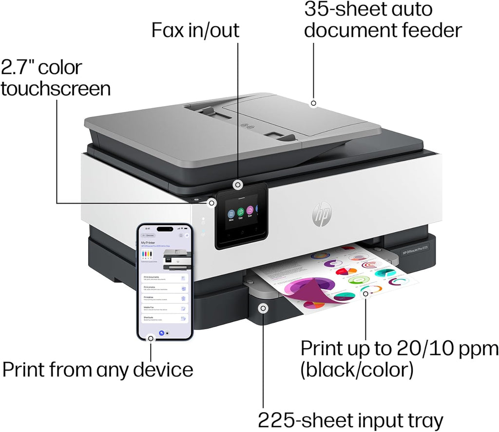 HP OfficeJet Pro 8135 Wireless All-in-One Color Inkjet Printer, Print, Scan, Copy, Fax, ADF, Duplex Printing Best-for-Home-Office, 3 Month Trial of Instant Ink Included, AI-Capable (C2VK1A)