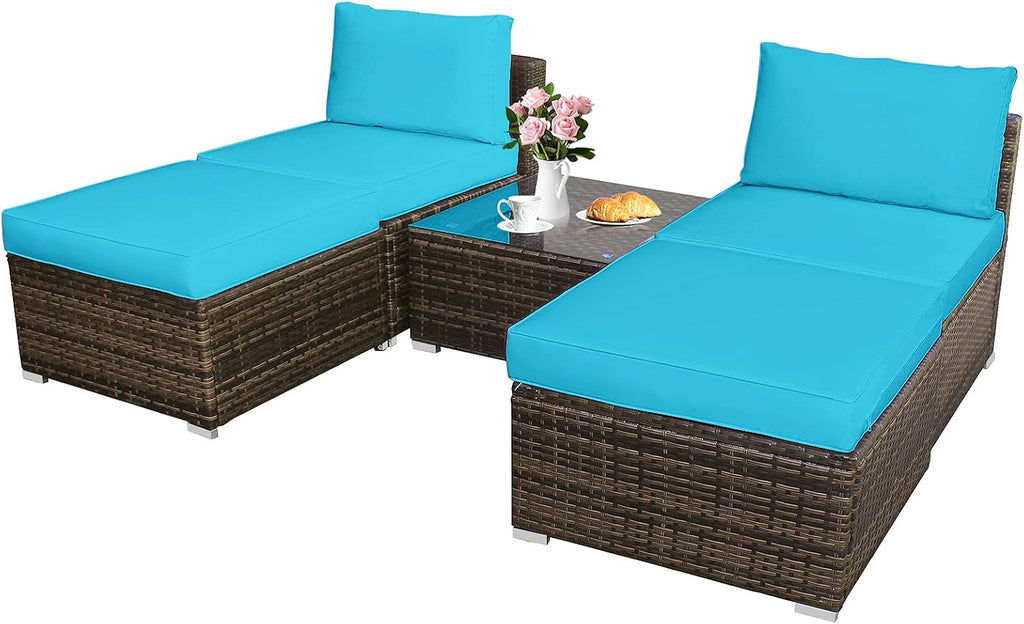 Tangkula 5 Piece Wicker Lounge Chair Set, with Tempered Glass Coffee Table, Outdoor Conversation Sets w/Washable Zippered Cushions, Includes 2 Armless Sofas, 2 Ottomans and 1 Side Table (Turquoise)
