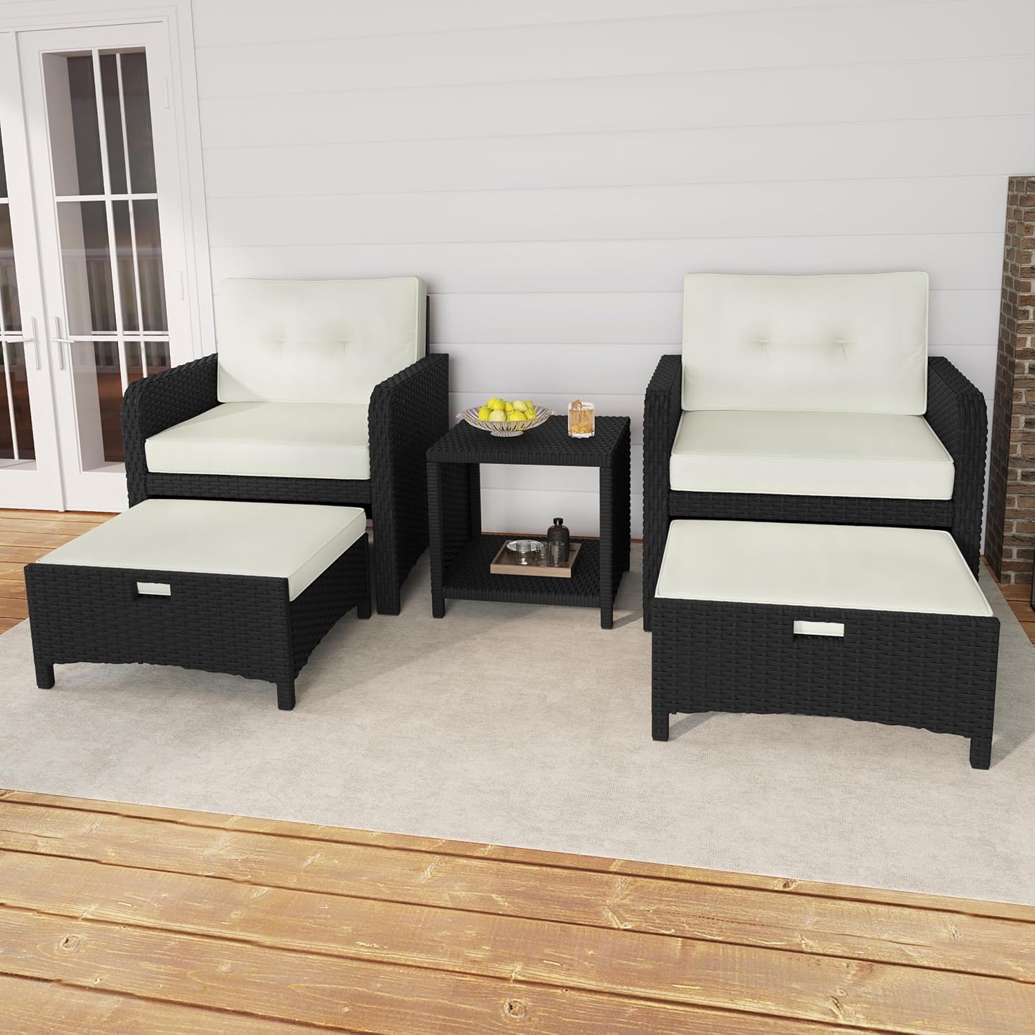 Yaheetech 5 Piece Patio Conversation Set with Ottomans, PE Wicker Balcony Furniture, Rattan Lounge Sofa with Cushions & Pillows, 2 Chairs & Side Table for Backyard, Porch, Garden, Black/Beige