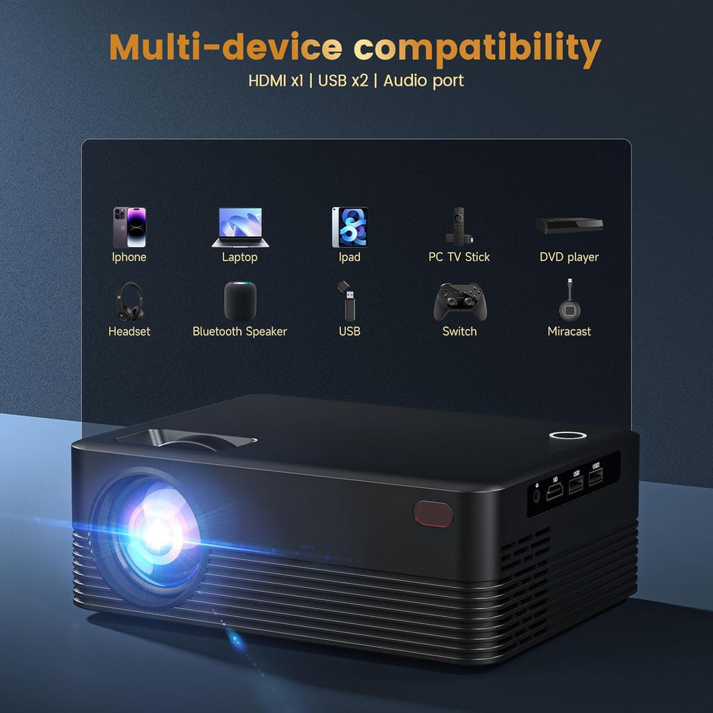 Projector with WiFi and Bluetooth, Native Full HD 1080P Bluetooth Mini Projector,4K Support,Video Projector for Home Theater, Compatible with Smartphone, HDMI, USB, AV, Fire Stick, PS5