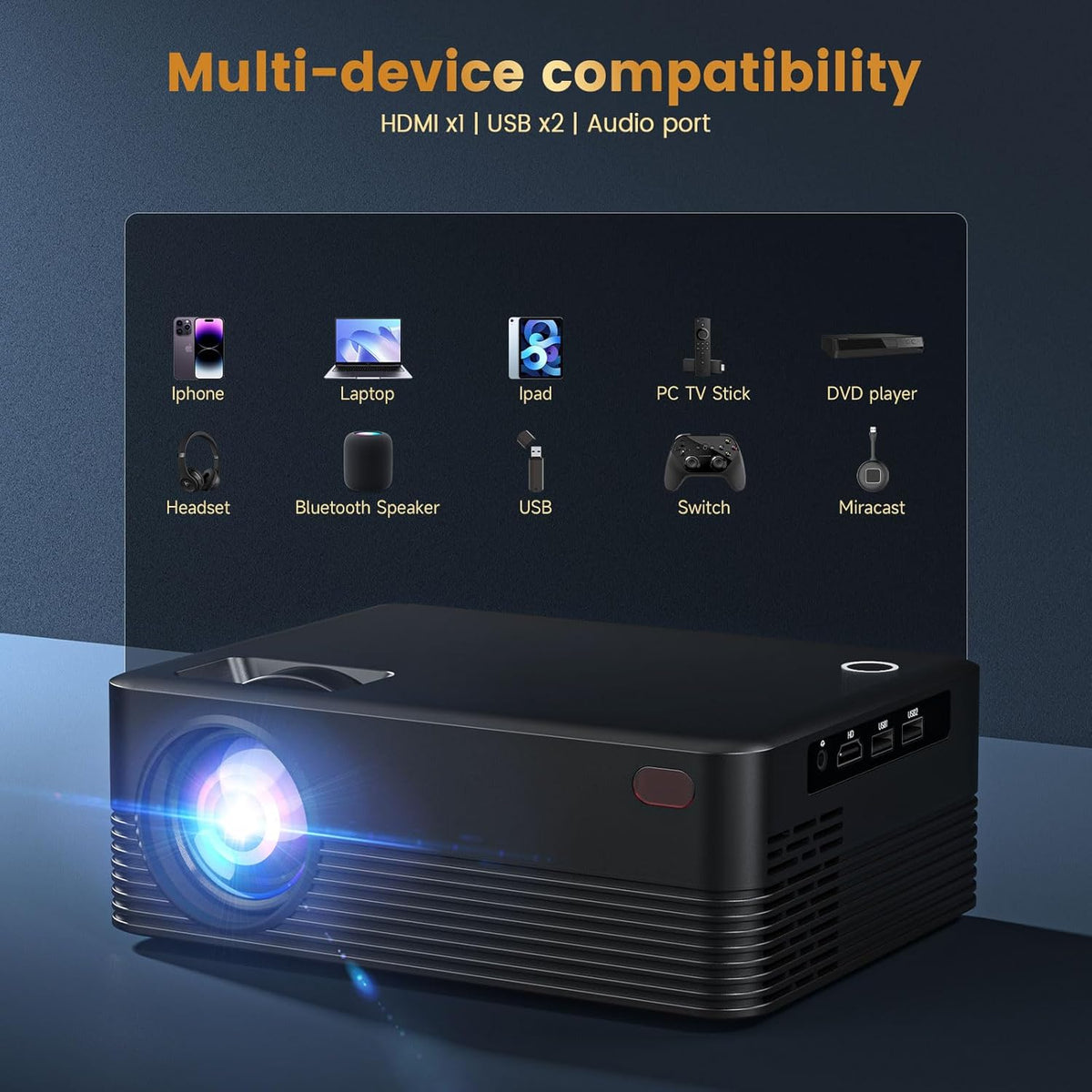 Projector with WiFi and Bluetooth, Native Full HD 1080P Bluetooth Mini Projector,4K Support,Video Projector for Home Theater, Compatible with Smartphone, HDMI, USB, AV, Fire Stick, PS5