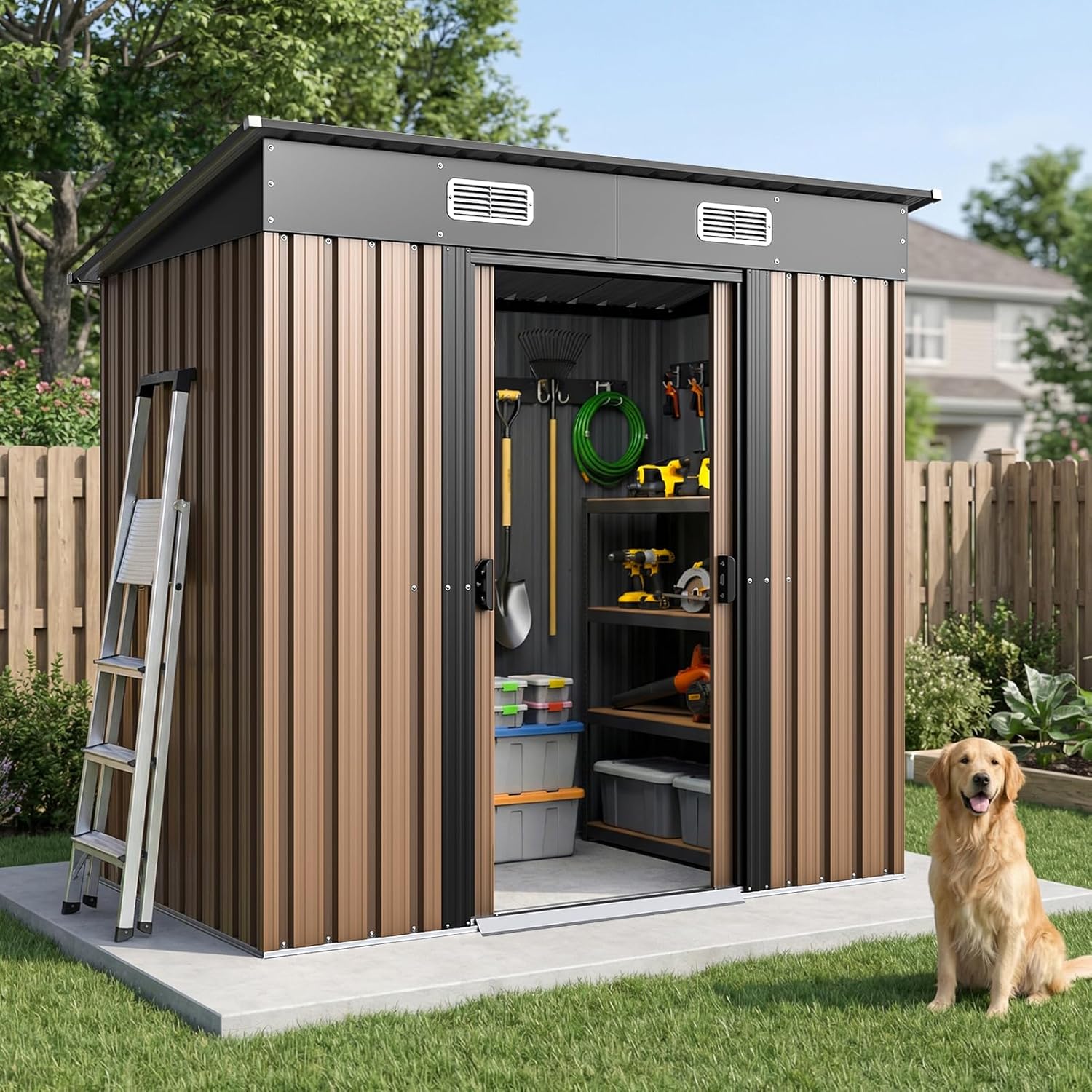6x4FT Outdoor Storage Shed, Waterproof Metal Garden Shed with Lockable Sliding Door, Outside Tool Shed for Backyard Garden Patio Lawn Poolside