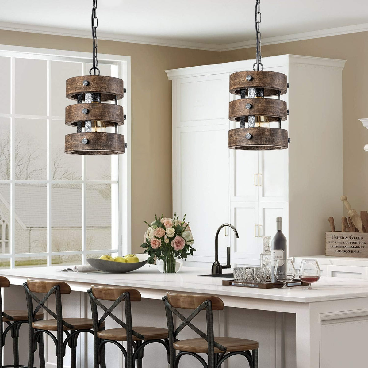 2pack Farmhouse Wood Pendant Lights Kitchen Island, Dining Room Lighting Fixtures Over Table Rustic Chandelier Height Adjustable Hallway Light for Foyer Living Room Bar Restaurant