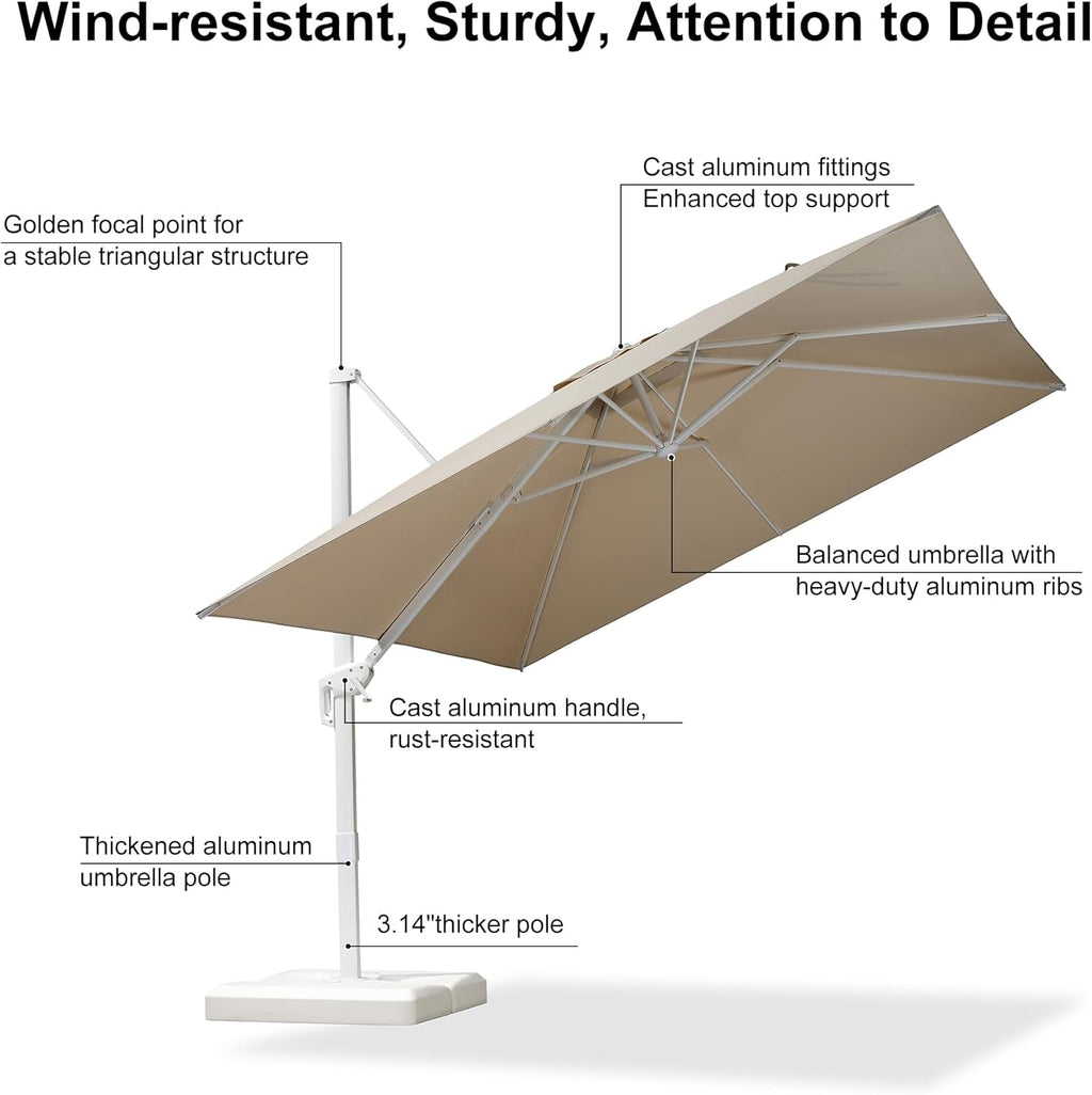 PURPLE LEAF 10 FT White Cantilever Umbrella With Base, Patio Umbrella Outdoor Offset Aluminum Umbrella Windproof with 360° Rotation for Deck Pool Garden, Beige