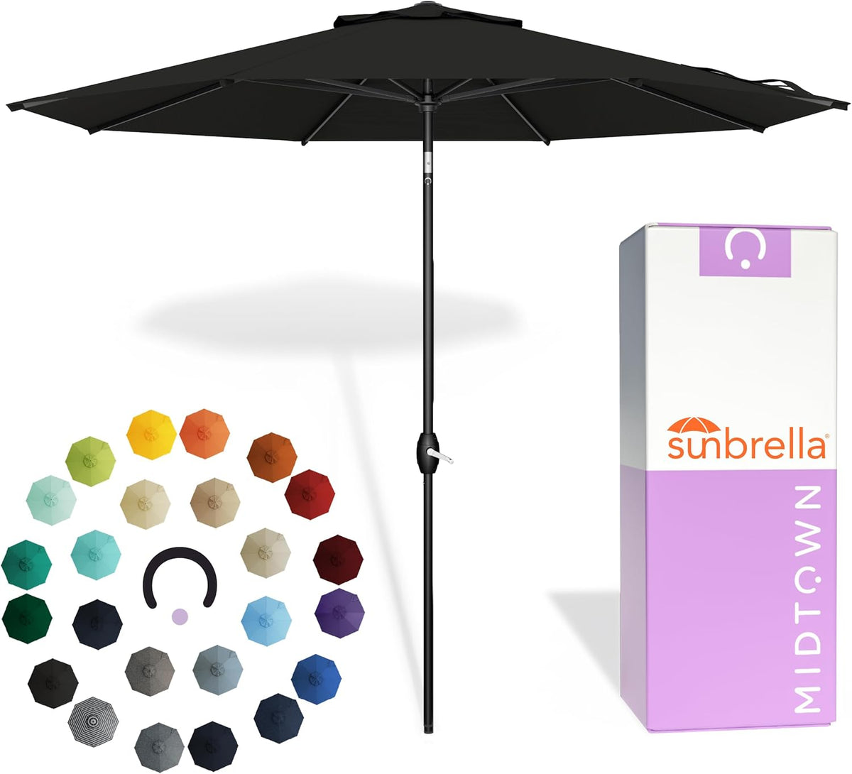 Midtown Umbrellas - The Lean 9 Ft Patio Umbrella with Fade-Resistant Sunbrella Fabric, Auto-Tilt Aluminum Frame and 8 Reinforced Ribs for Deck, Pool & Garden - Black Canopy, Black Pole