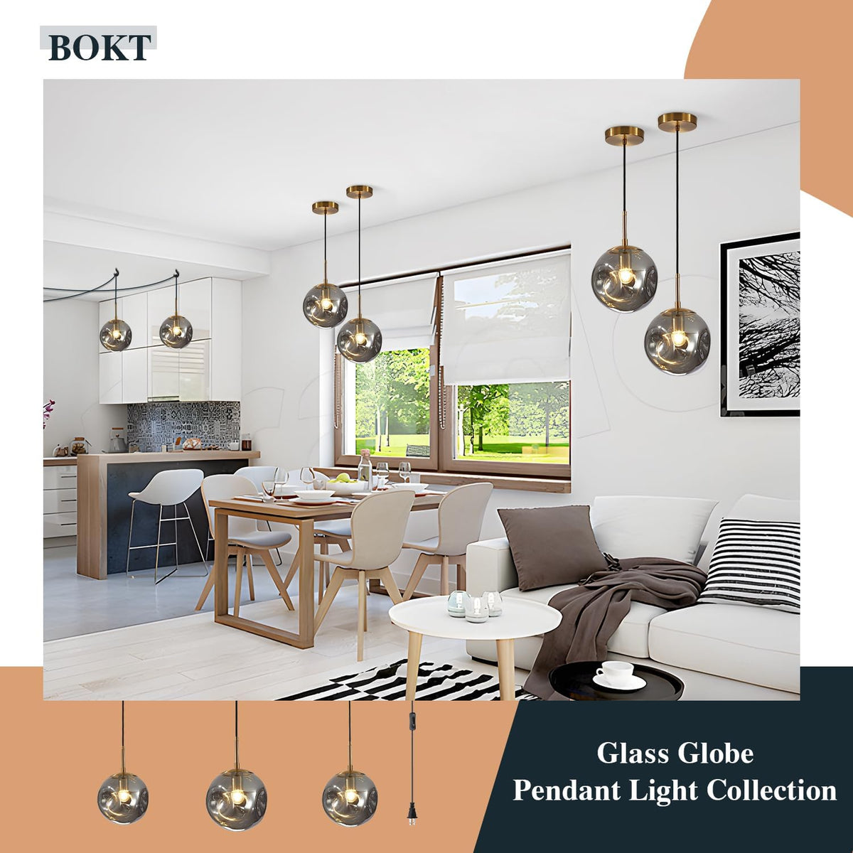 BOKT Globe Pendant Light Set of 3 Light Brushed Brass Round Ceiling Pendant Light with Smokey Gray Irregular Hanging Light 3 Pack Retro Chandelier Light Fixtures for Kitchen Island Dining Room