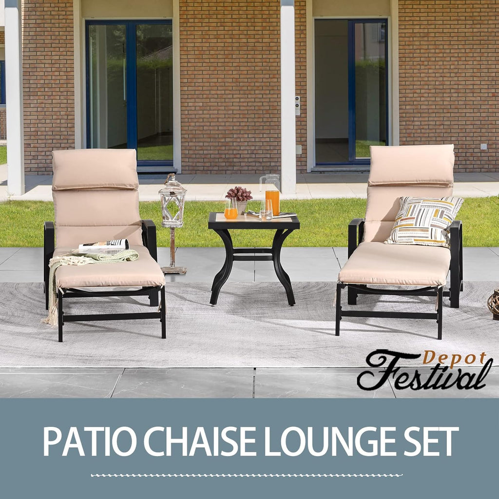 Festival Depot 3 Pieces Patio Outdoor Chaise Lounge Chairs with Cushions Set with Coffee Table Premium Fabric Metal Frame Furniture Garden Bistro Soft Backrest (Khaki)