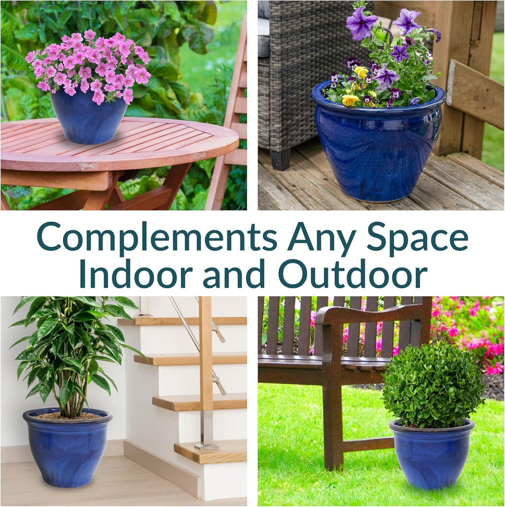 Sunnydaze Large Ceramic Plant Pot - Round Outdoor Glazed Ceramic Planter Pot with Drainage - Studio - Imperial Blue - 18.5"