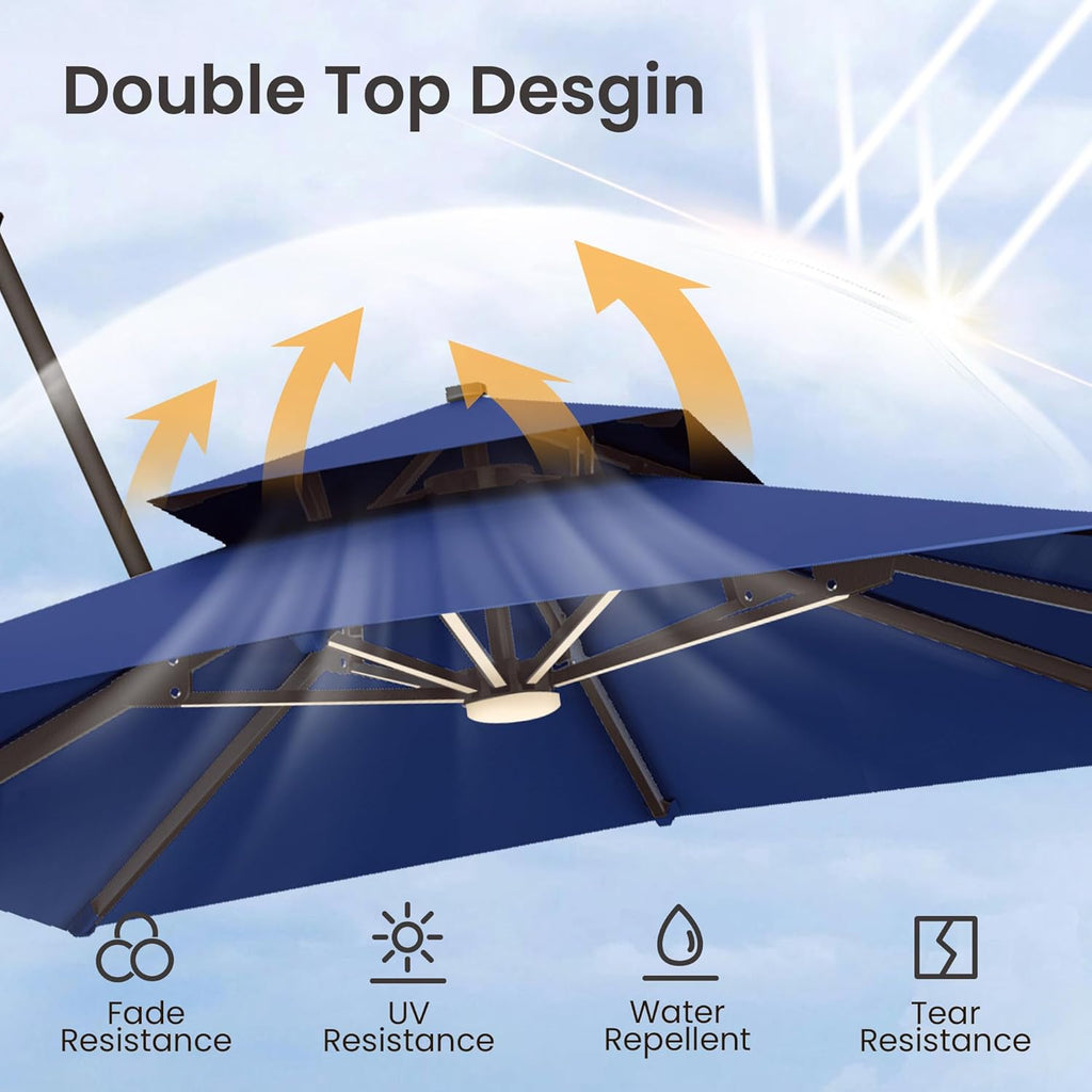 9x12 FT Cantilever Patio Umbrella with Led Lights Double Top Outdoor Rectangular Large Heavy Duty Aluminum Offset Umbrellas with 7 Level Tilt 360-degree Rotation for Pool Garden Deck, Navy
