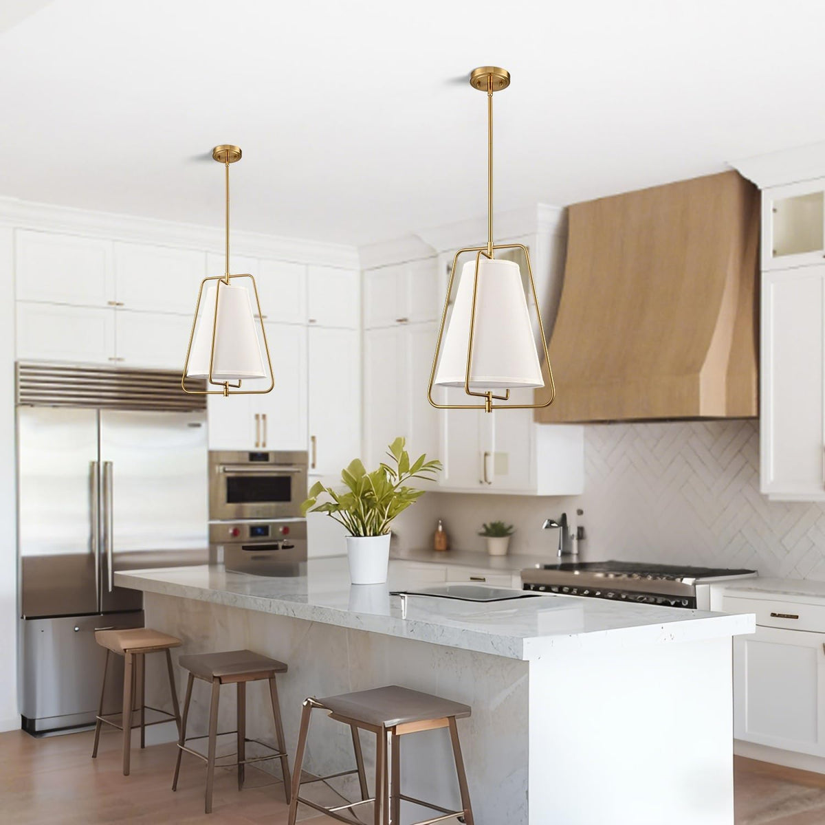 HYDELITE Vintage Gold Pendant Light with White Linen Fabric Adjustable Height Chandelier Brass for Living Room,Dining Room,Kitchen Island,Hallway