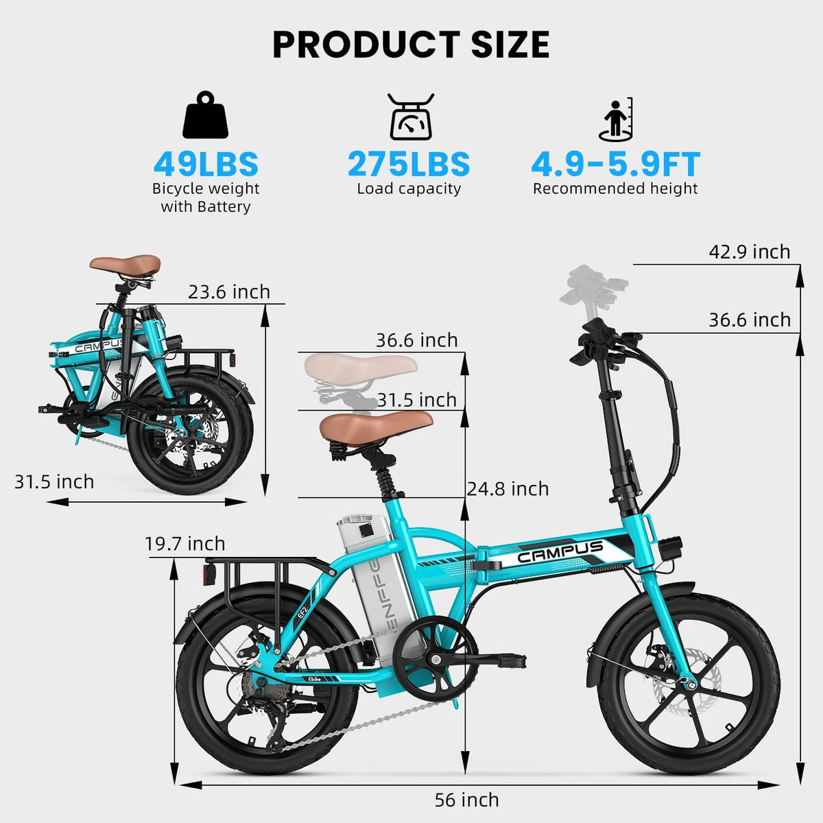Campus 2.0 Electric Bike | Super Light Teen and Adult Folding Bikes - Weighs Only 49lbs | 40 Mile Range | 20MPH Top Speed - Class 1 and 2 Ebike | 7-Speed All Terrain Ebike UL 2849 Certified