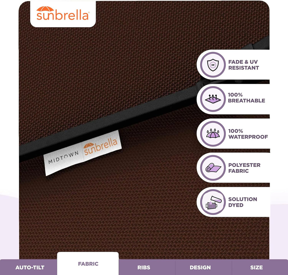 Midtown Umbrellas - The Lean 9 Ft Patio Umbrella with Fade-Resistant Sunbrella Fabric, Auto-Tilt Aluminum Frame and 8 Reinforced Ribs for Deck, Pool & Garden - Bay Brown Canopy, Black Pole