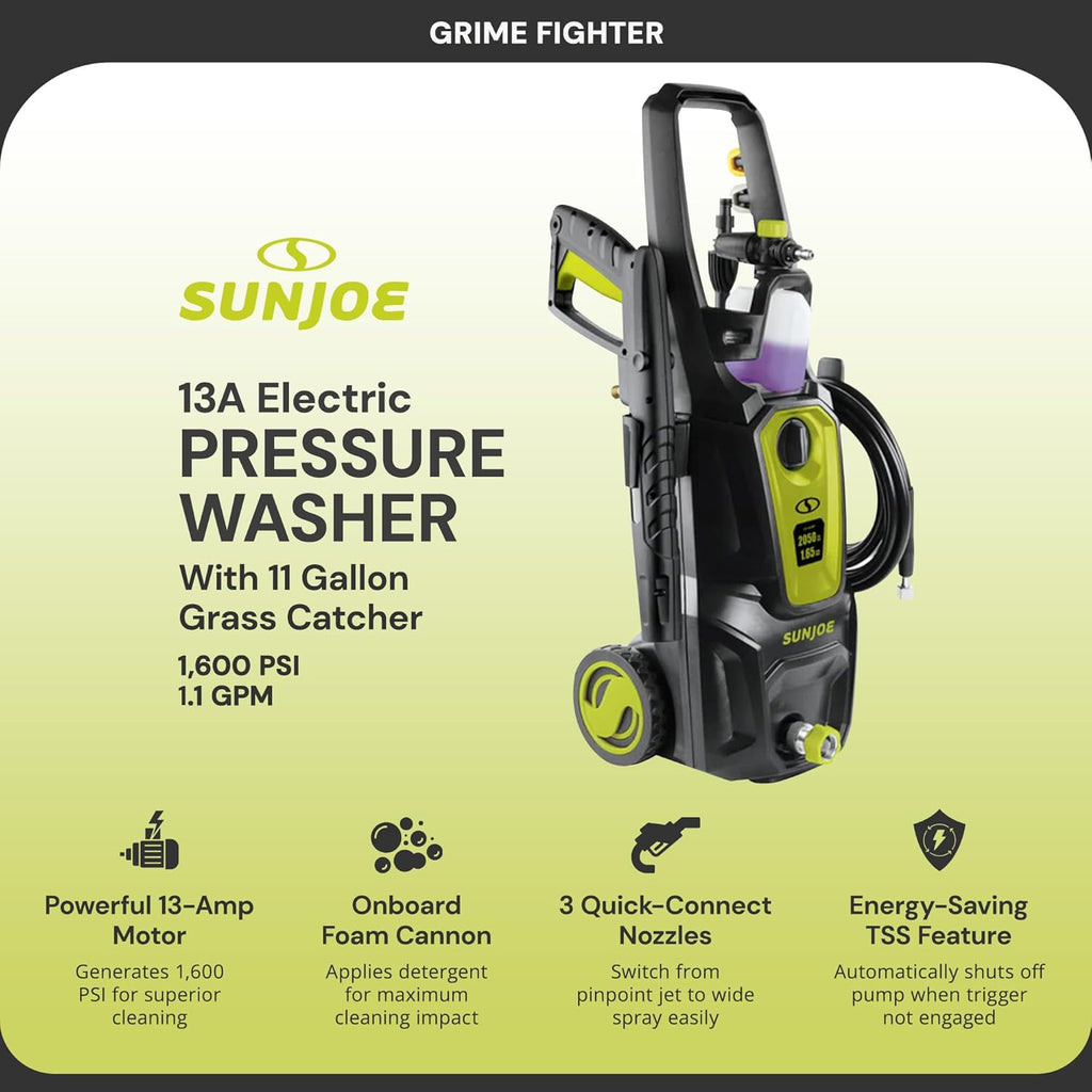 Sun Joe Electric Pressure Power Washer w/ Foam Cannon & Extension Wand, 1600 PSI (PWMA Certified), 1.1 GPM, 13-Amp Motor - Heavy-Duty Cleaning Machine for Patios, Decks, Sidewalks & Cars, SPX2680-MAX