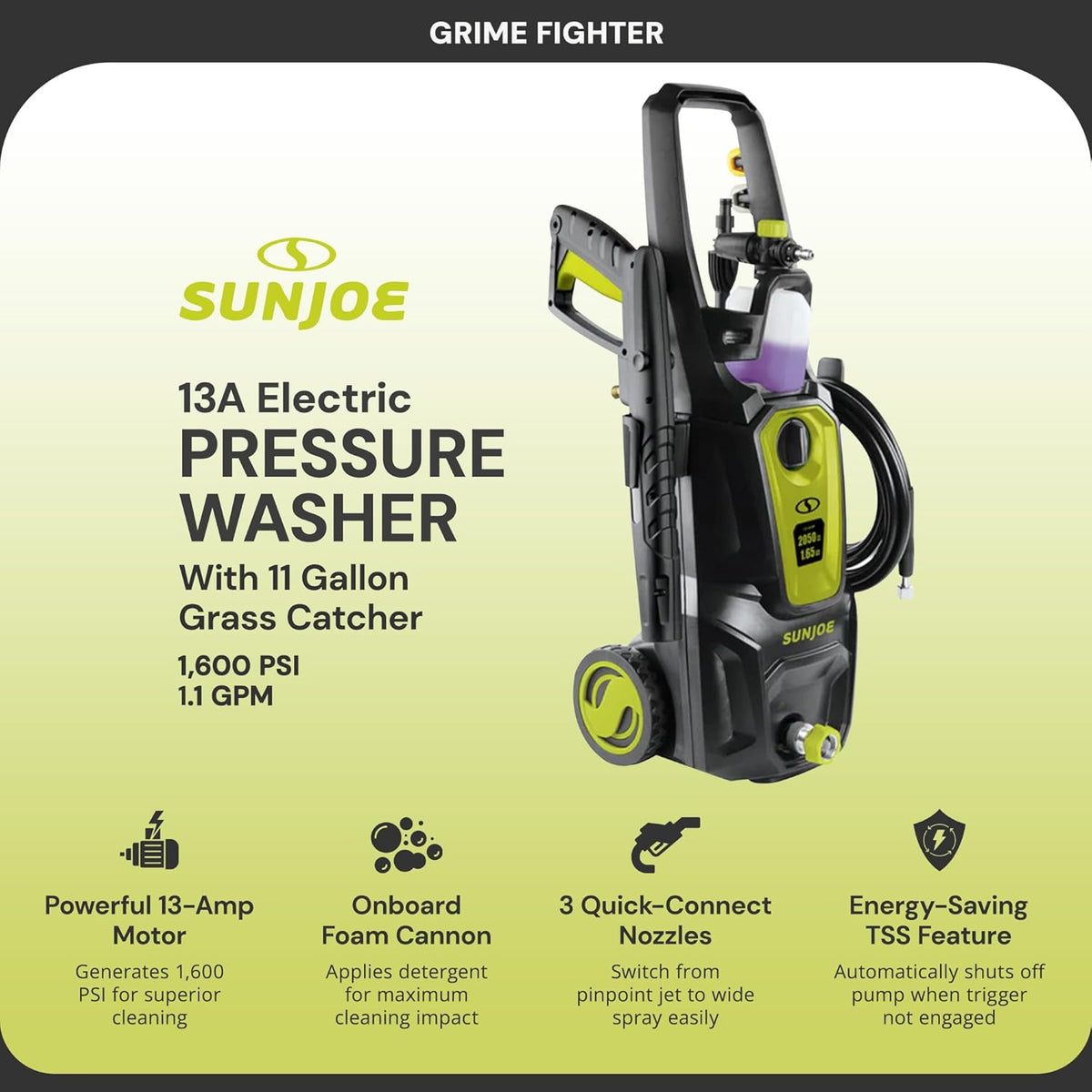 Sun Joe Electric Pressure Power Washer w/ Foam Cannon & Extension Wand, 1600 PSI (PWMA Certified), 1.1 GPM, 13-Amp Motor - Heavy-Duty Cleaning Machine for Patios, Decks, Sidewalks & Cars, SPX2680-MAX