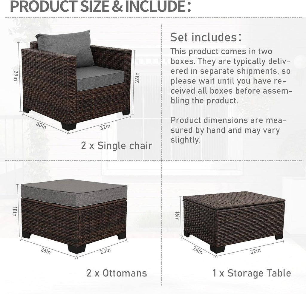 Valita 5 Pieces HDPE Wicker Outdoor Furniture Set Patio Chaise Lounge 2 of Set with Storage Table and Non-Slip Cushions Waterproof Covers, Dark Grey