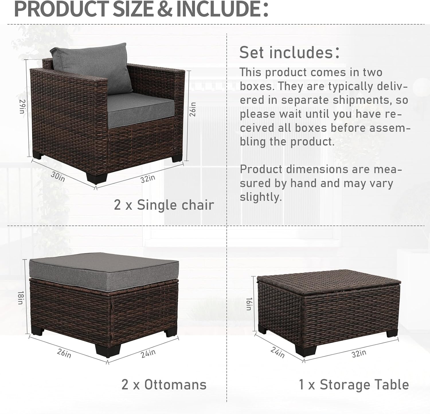 Valita 5 Pieces HDPE Wicker Outdoor Furniture Set Patio Chaise Lounge 2 of Set with Storage Table and Non-Slip Cushions Waterproof Covers, Dark Grey
