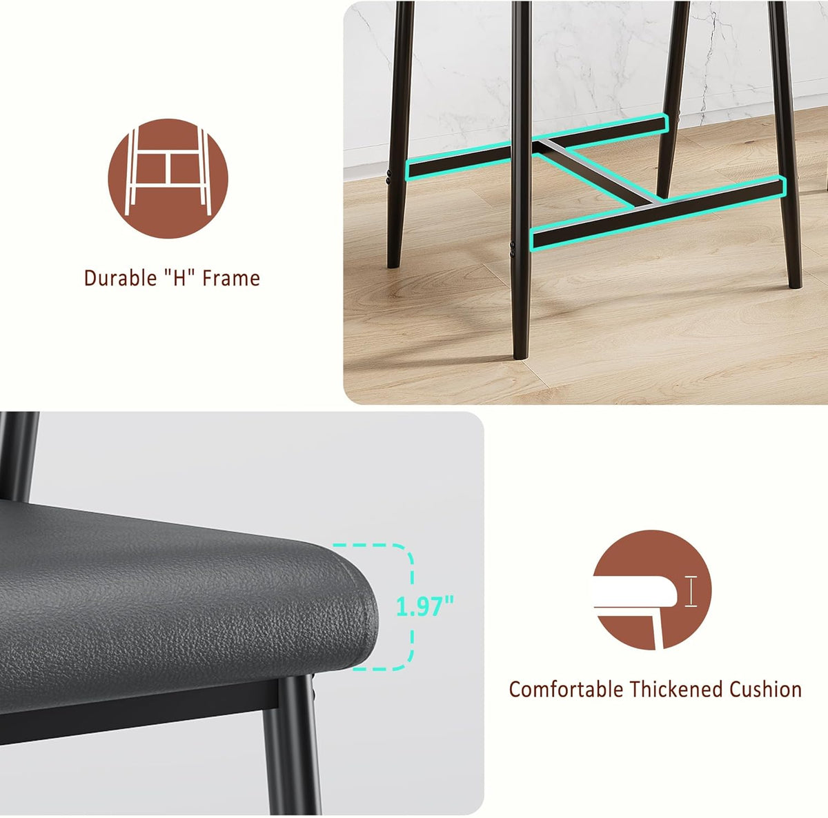 IDEALHOUSE Bar Stools Set of 4 with Armrests, Counter Height Bar Stools Set with Footrest & Soft Back, Metal Barstools Set with Wide Upholstered Seat for Kitchen Islands, Counter Bars, Rustic Black