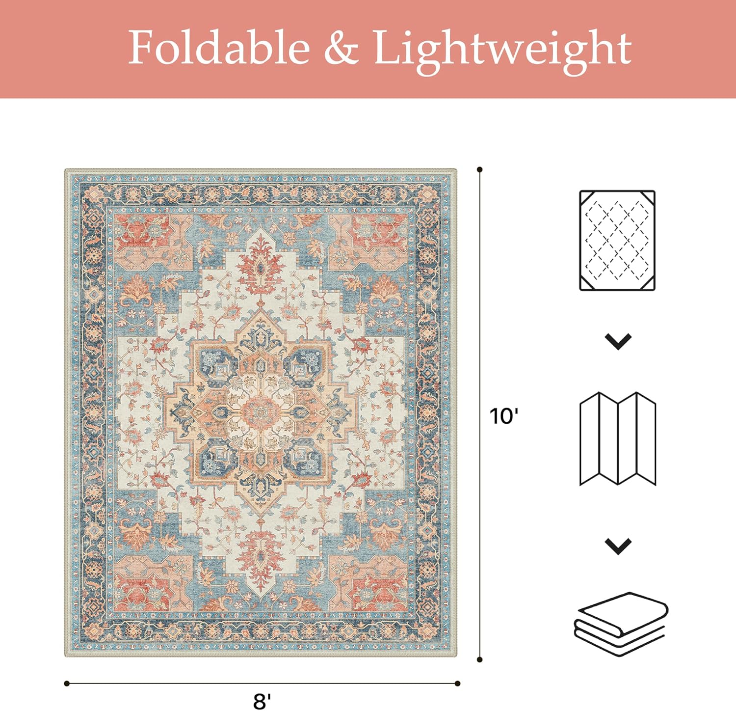 GENIMO Outdoor & Indoor Area Rug 8'x10', Waterproof, Non-Shedding, Easy Cleaning, Boho Mat for Patio, Living Room, Balcony, Dining Room, RV, Deck, Bedroom, Camping, Outside Carpet,Blue Salmon