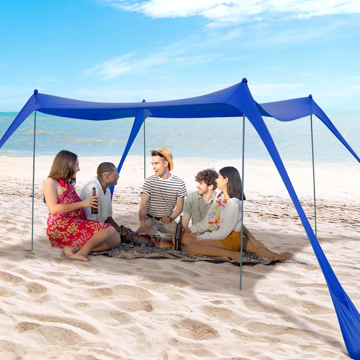 Family Beach Tent Canopy Sun Shade, Pop Up Grande Beach Tent Sun Shelter Stability 4 Poles with Portable Carry Bag Outdoor Shade for Fishing Backyard Camping