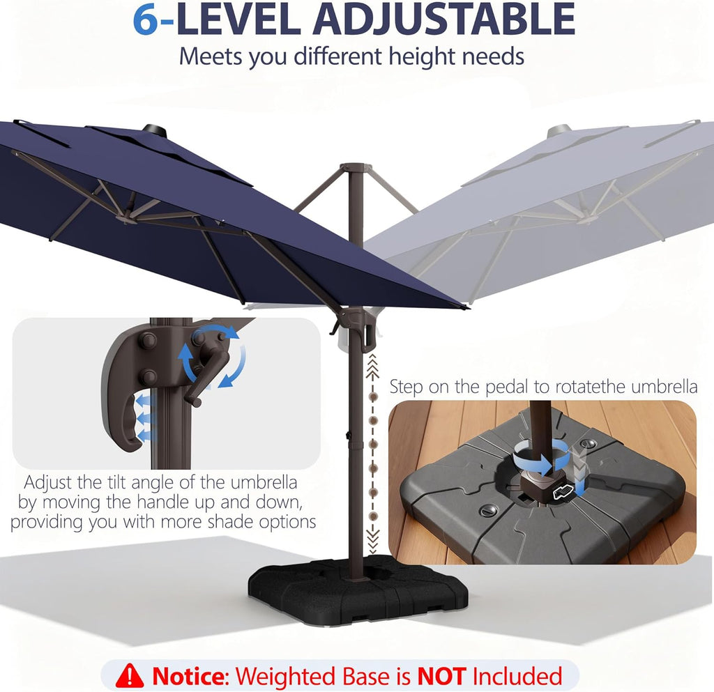 10' X 10' Patio Umbrella Cantilever Outdoor Rectangle Umbrella with Base Included, Heavy Duty 360°Rotation Offset Umbrella for Garden Deck Pool Patio, Navy Blue