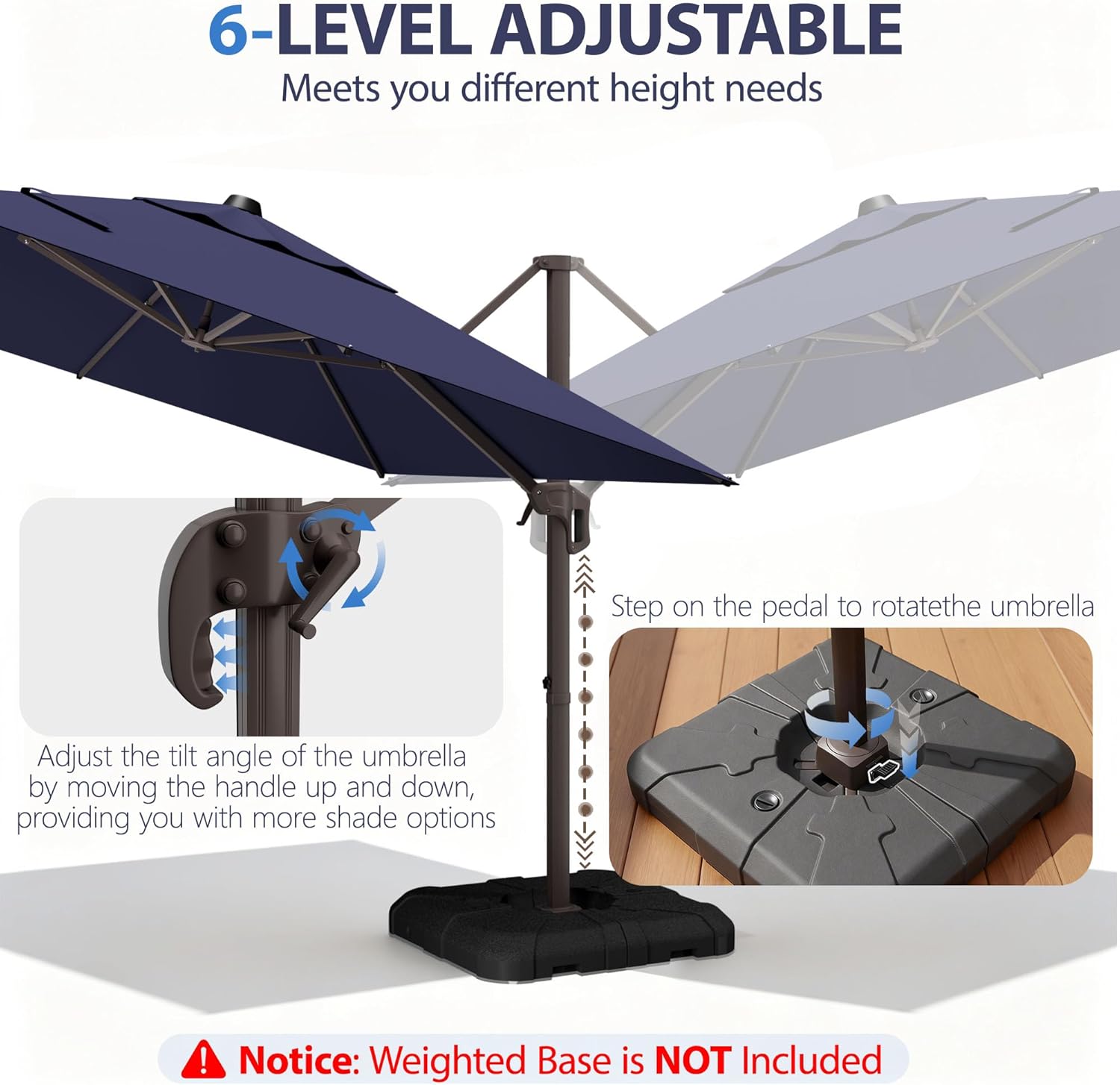 10' X 10' Patio Umbrella Cantilever Outdoor Rectangle Umbrella with Base Included, Heavy Duty 360°Rotation Offset Umbrella for Garden Deck Pool Patio, Navy Blue
