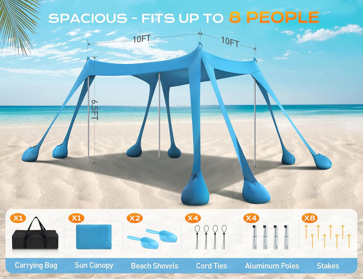 Rengue Beach Tent, Beach Canopy UPF50+ UV Protection, 10x10ft Beach Shade Sun Shelter with 8 Sandbags, Sand Shovels, Ground Pegs, Stability Poles for Camping, Fishing, Picnics, Backyard Fun, Sky Blue