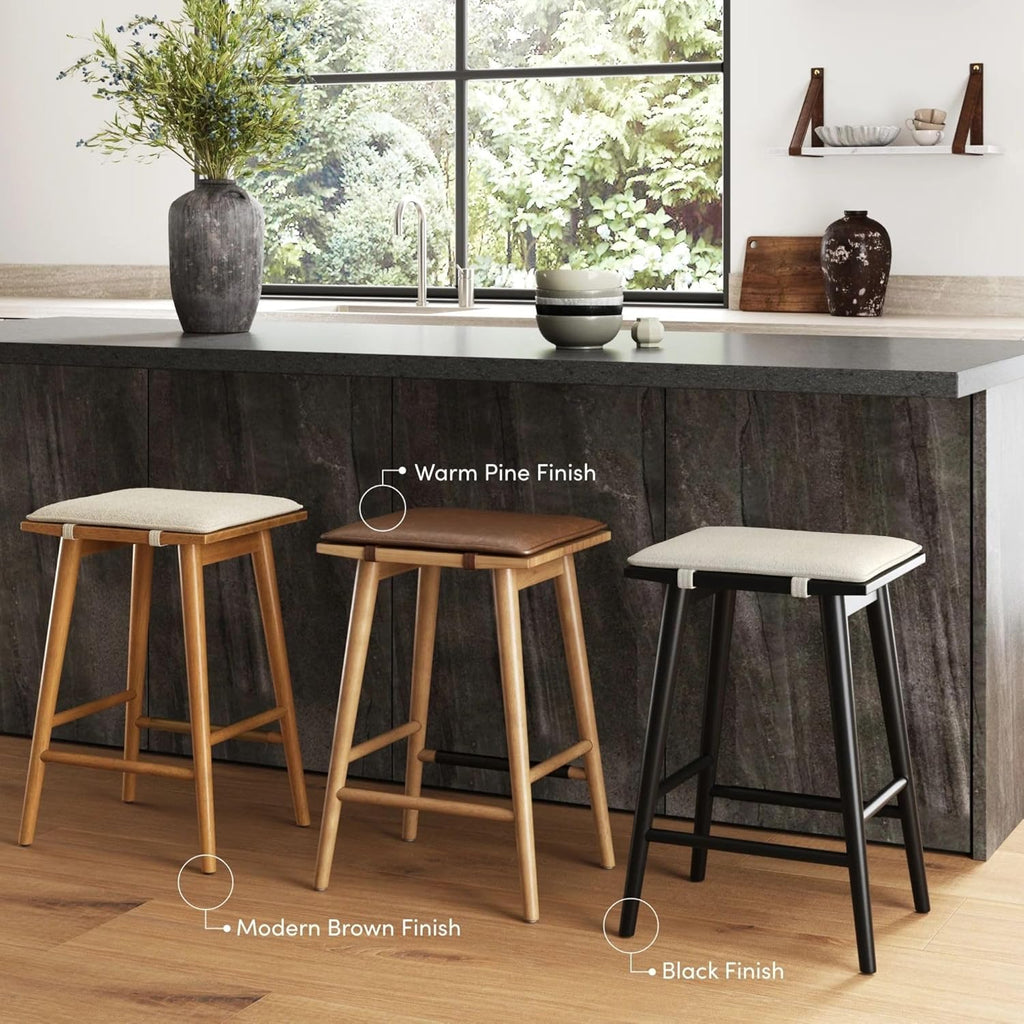 Nathan James Barker Counter Height Solid Wood Barstool with Upholstered Cushion, Backless Island Stool with Rubberwood Legs and Natural Textured Linen Upholstery for Kitchen, Brown/White, Set of 2