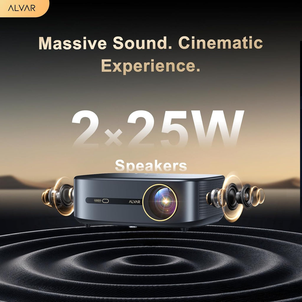 Alvar Smart Projector 2026 Upgraded, 2500 ANSI, 4K Supported, Built in NetfIix App, DoIby Audio & 50W Speakers, Auto Focus, WiFi 6, Bluetooth 5.3, Home Theater & Outdoor Movie Projector, Black
