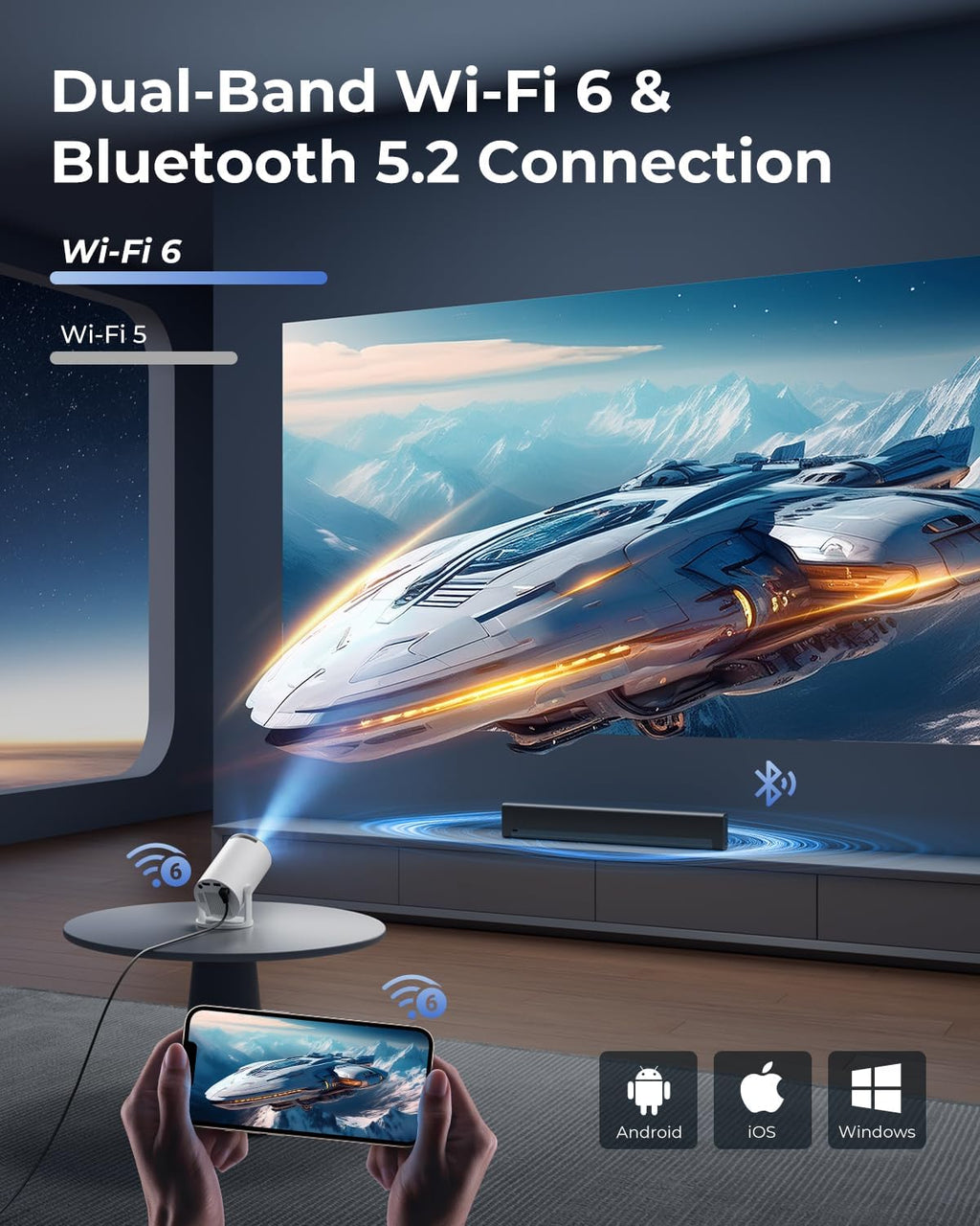 CLOKOWE Mini Projector with WiFi and Bluetooth, Built-in Apps, Smart Portable Projector with 180° Rotation, Auto Keystone, Support 1080P, Compatible with HDMI/USB/TV Stick/Smartphone/Laptop