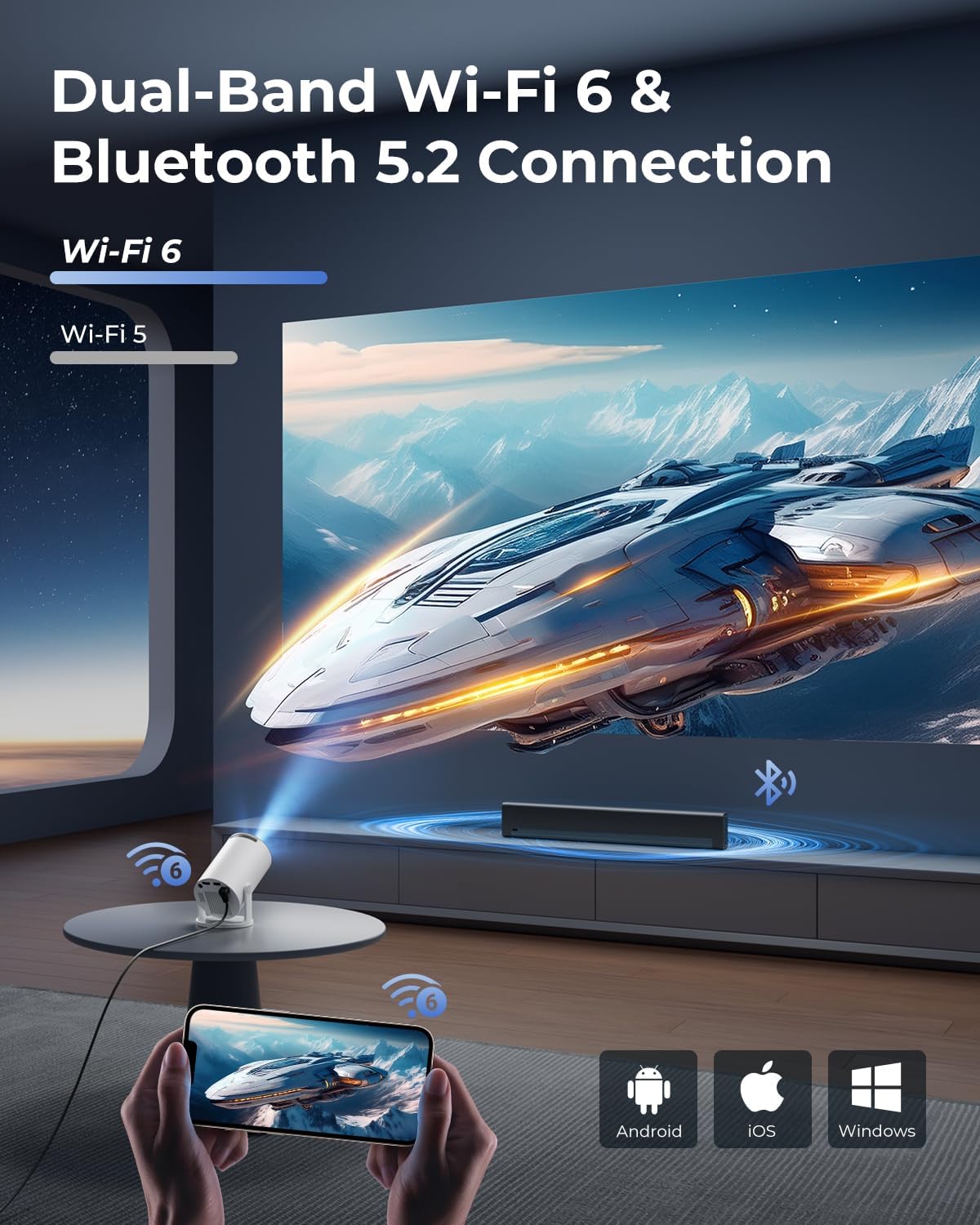 CLOKOWE Mini Projector with WiFi and Bluetooth, Built-in Apps, Smart Portable Projector with 180° Rotation, Auto Keystone, Support 1080P, Compatible with HDMI/USB/TV Stick/Smartphone/Laptop