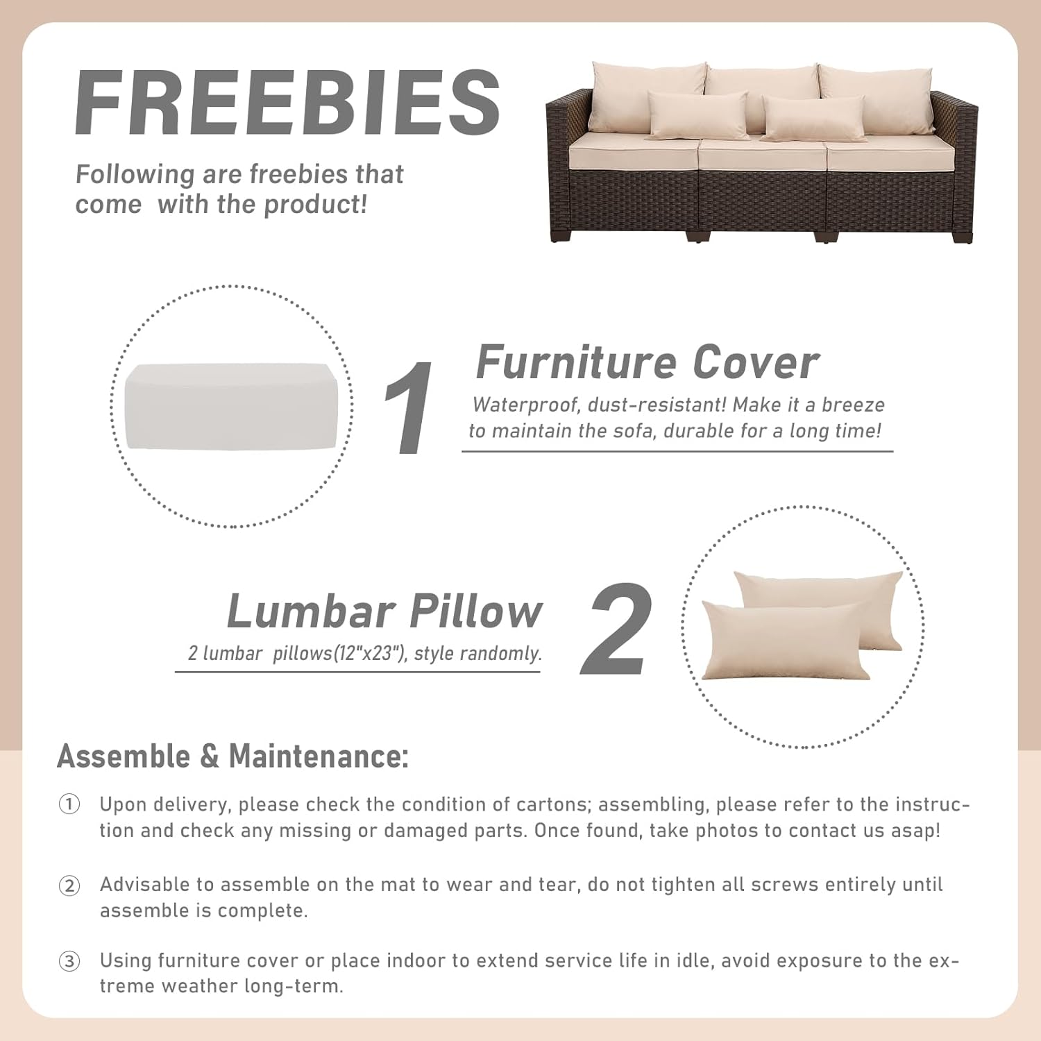 Rattan Star Outdoor Furniture Couch 3 Seater Sofa Outdoor Brown Wicker Sofa Deep Seat High Backrest Patio Couch with Non-Slip Cushions Waterproof Cover, Khaki