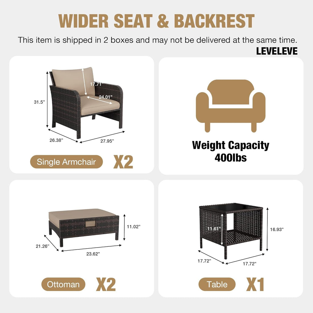 LEVELEVE Patio Conversation Set 5 Piece, Balcony Furniture Outdoor PE Rattan Wicker Lounge Chairs with Soft Cushions, 2 Ottomans & Glass Table for Porch Lawn, Brown (Khaki Cushions