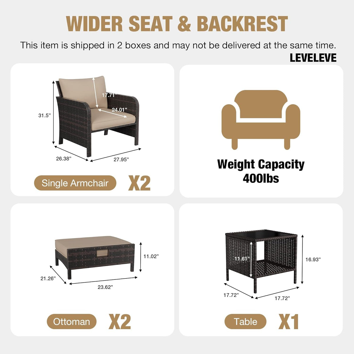 LEVELEVE Patio Conversation Set 5 Piece, Balcony Furniture Outdoor PE Rattan Wicker Lounge Chairs with Soft Cushions, 2 Ottomans & Glass Table for Porch Lawn, Brown (Khaki Cushions
