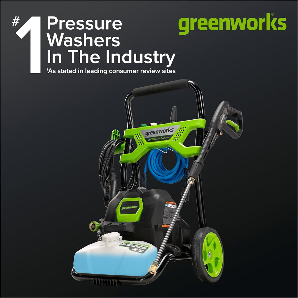 Greenworks 2000 PSI (1.2 GPM) Electric Pressure Washer, Steel Wand, On-Board Soap Tank (25°, 40°, Soap, and Turbo Nozzle)