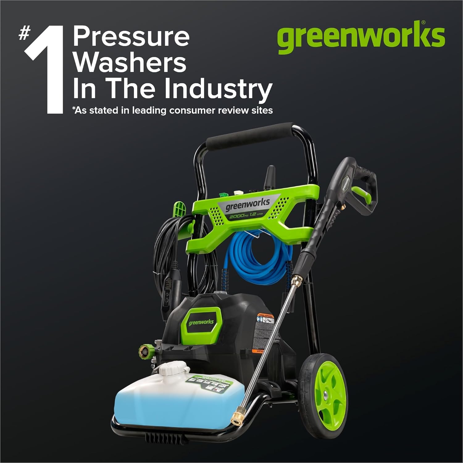 Greenworks 2000 PSI (1.2 GPM) Electric Pressure Washer, Steel Wand, On-Board Soap Tank (25°, 40°, Soap, and Turbo Nozzle)