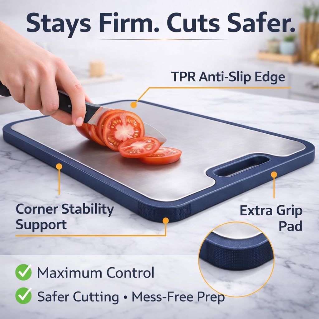 Stainless Steel Cutting Board 16 x 11 Inch, Double Sided Chopping Board with Wheat Straw Back, Vegetables & Fruit