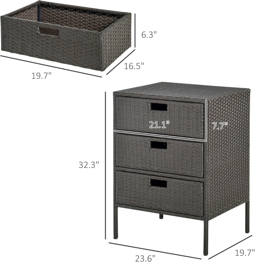 Outsunny Outdoor Towel Cabinet, PE Rattan Storage Organizer, Freestanding Towel Rack for Pool with 3 Drawers and Weather Safe Material, Brown