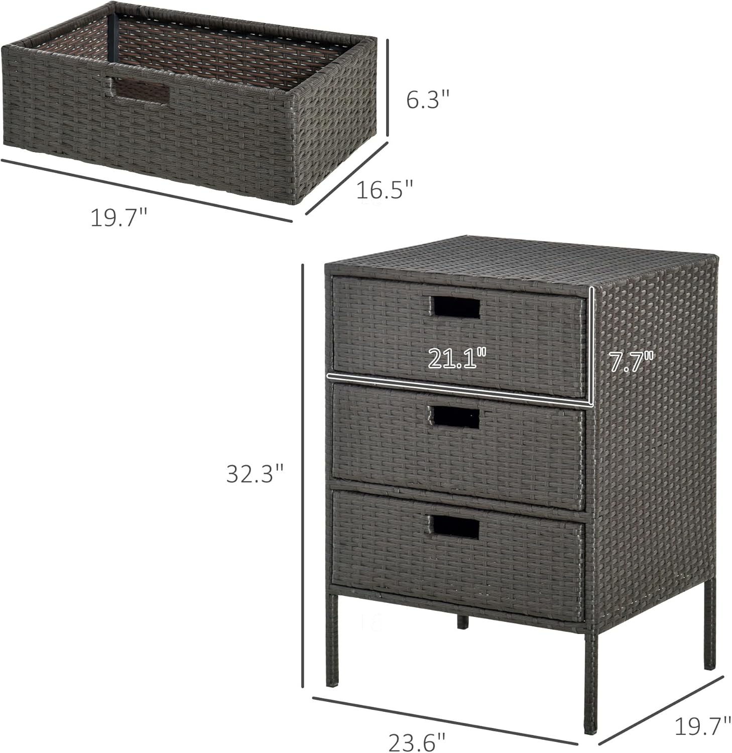 Outsunny Outdoor Towel Cabinet, PE Rattan Storage Organizer, Freestanding Towel Rack for Pool with 3 Drawers and Weather Safe Material, Brown