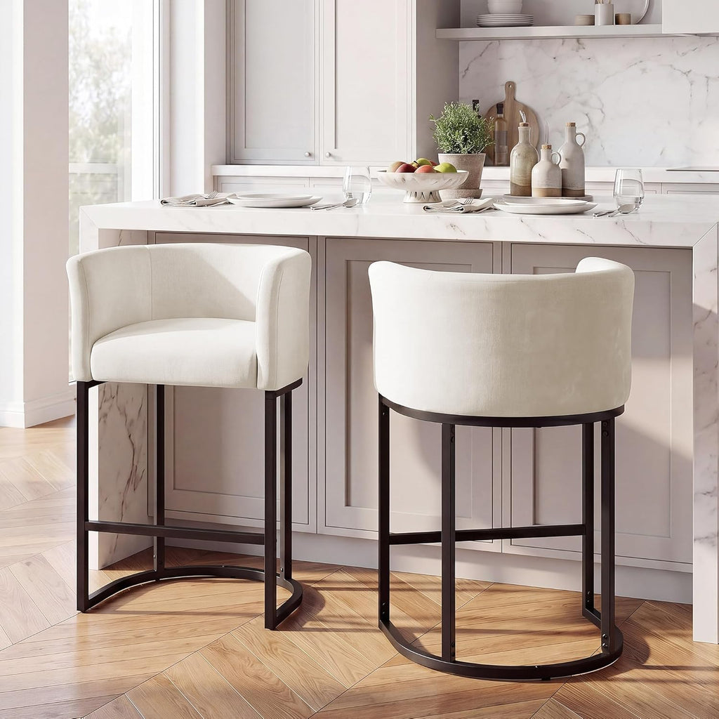 GRUSIGN Chenille Counter Height Bar Stools Set of 2, 26" Kitchen Island Stools with Arms & Footrest, Upholstered Barrel Back Bar Chairs for Kitchen . Dining Room, Bar & Lounge Area, 450 lbs, Off-White