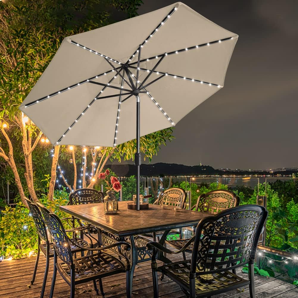 EliteShade USA 10-Year-Non-Fading 9ft Market Patio Umbrella, Commercial Grade Table Sun Umbrella with 80 Solar LED Lights, Crank Open, Windproof & UPF 50+ UV Protection for Garden, Deck, Pool, Backyard, Antique Beige