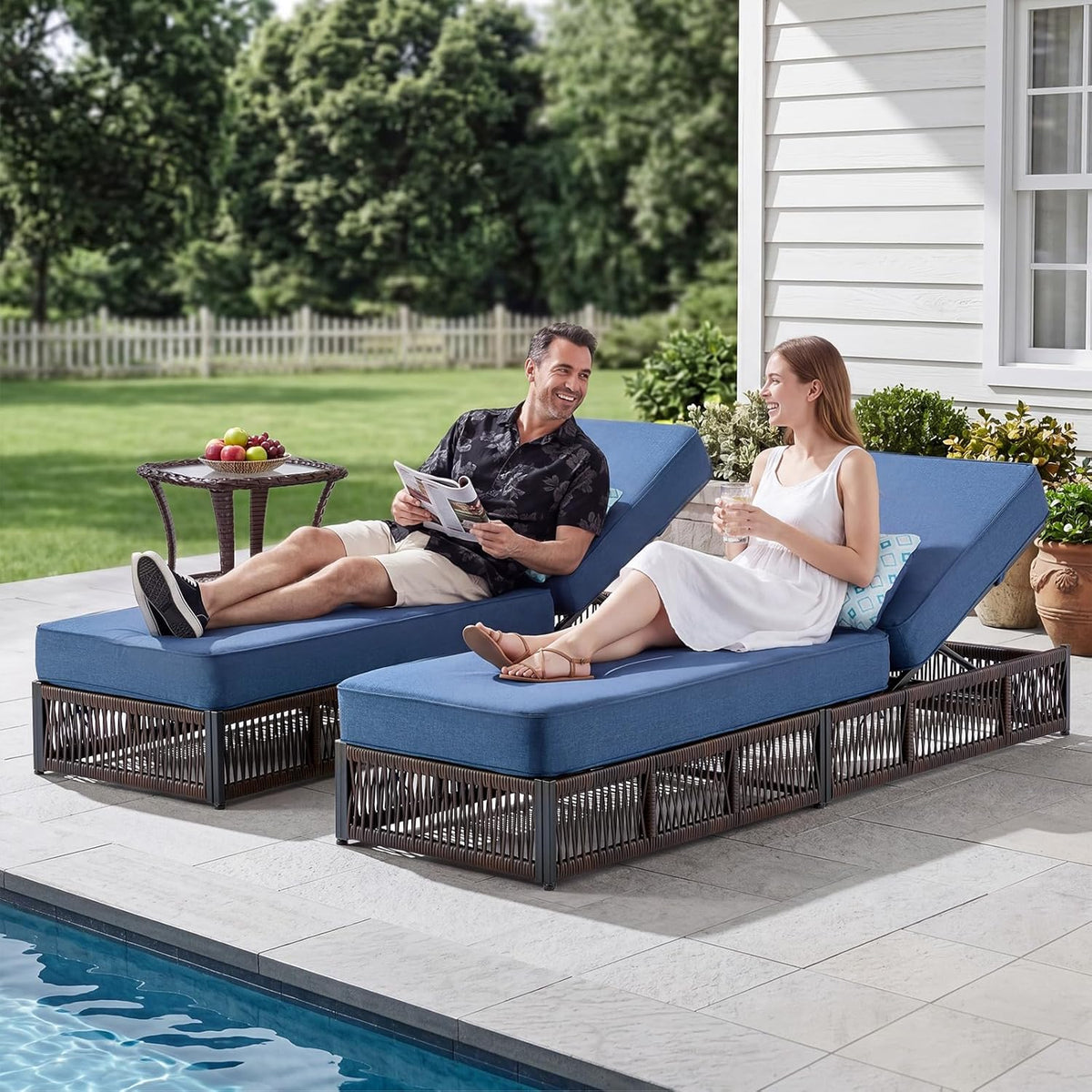 Outdoor Chaise Lounge Chairs Set of 2 with 5-Inch Thick Cushions, 5-Levels Adjustable Reclining Lounger, Wicker Patio Recliners Pool Chair, Sunbathing Lounger for Outdoor, Backyard, Poolside - Blue