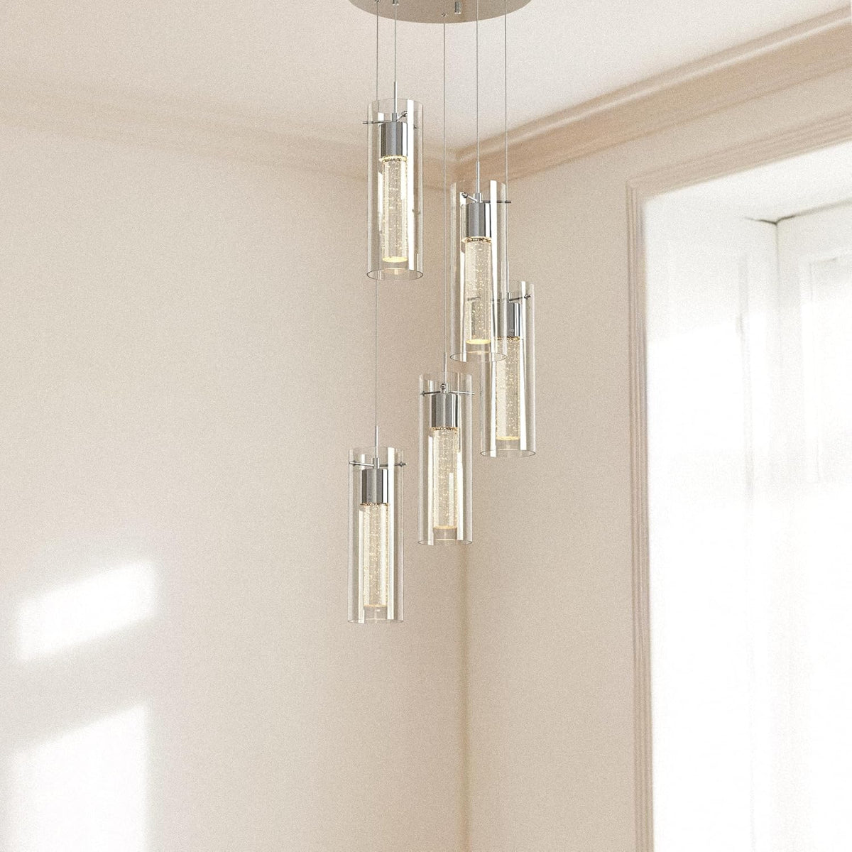 Tawson Alice 5-Light Chandelier Pendant Ceiling Light, Integrated Led and Bubble Glass, for Kitchen Island, Hallway, Entryway, Passway, Dining Room, Bedroom, Balcony Living Room