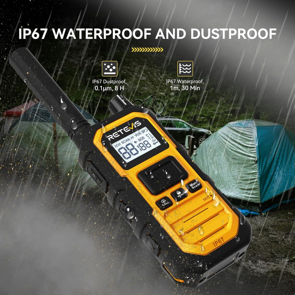 Retevis RB48 Plus Walkie Talkies Long Range, IP67 Waterproof Heavy Duty GMRS Two Way Radios, NOAA, USB-C Rechargeable, Vibration Alert, Emergency 2 Way Radios, for Off-Roading Hunting(2 Pack)