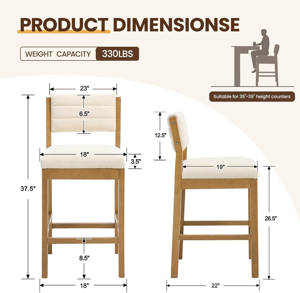 CIMOTA 26" H Counter Height Bar Stools Set of 2, Wooden Bar Stools with Backrest, Linen Upholstered Kitchen Island Stools, 330LBS Load Bar Chairs for Kitchen, Cafe, Restaurant