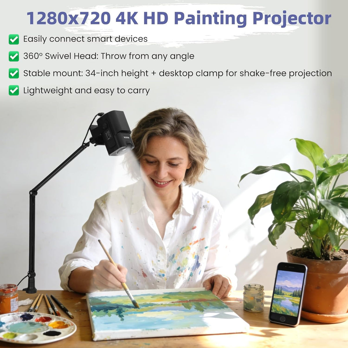Art Projector for Tracing and Drawing with App, Native 1280P HD Painting Projector for Artists, 8 Pro Tracing Tools for Canvas, Wall Murals, Cake Decorating, Wood Burning & Sketching