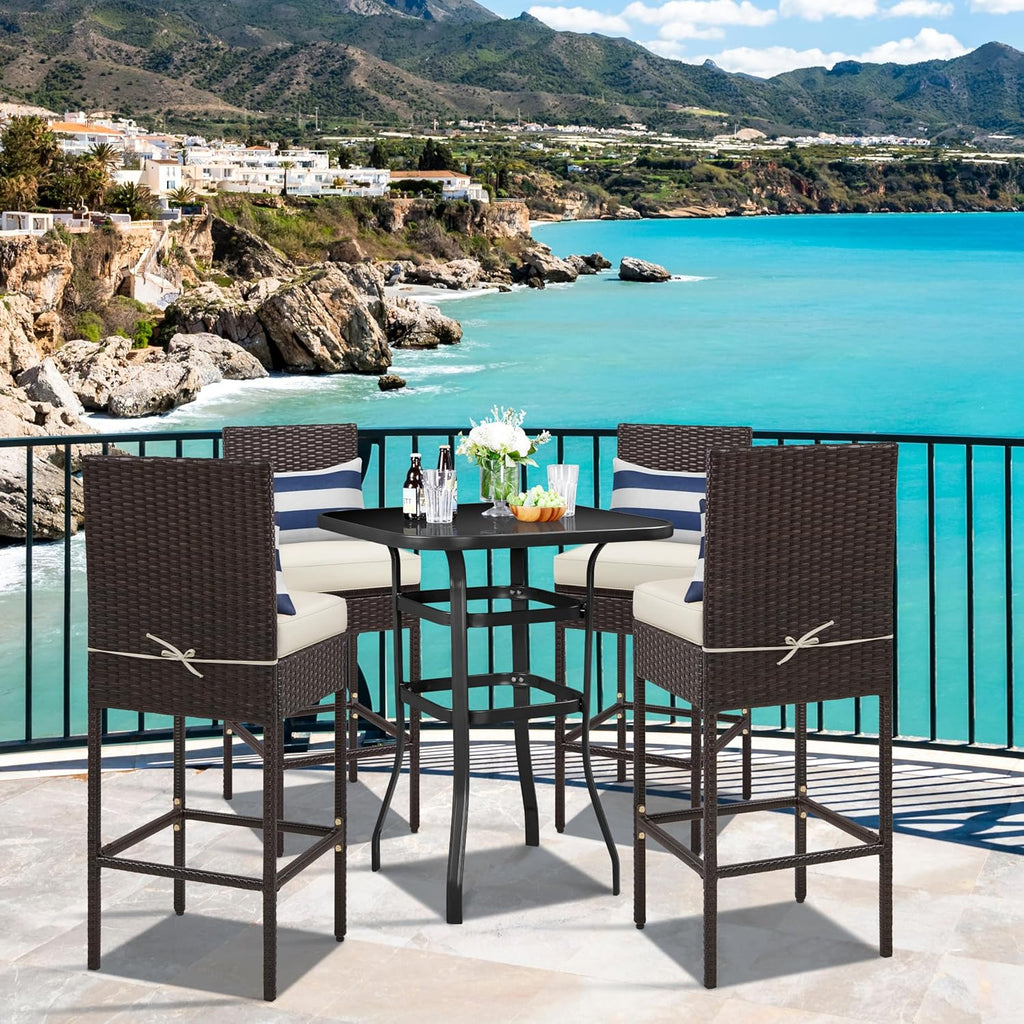 Yaheetech Set of 4 Patio Bar Stools, Outdoor PE Rattan Bar Height Chairs with Cushions & Footrests & Backrest for Indoor/Outdoor/Backyard/Porch, Max.Load 300Lb, Brown/Beige