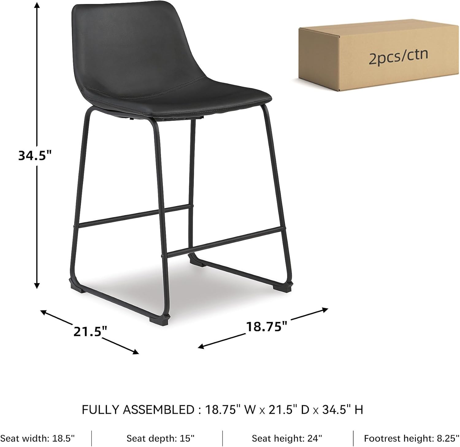 Signature Design by Ashley Centiar 24" Counter Height Modern Bucket Barstool, 2 Count, Black