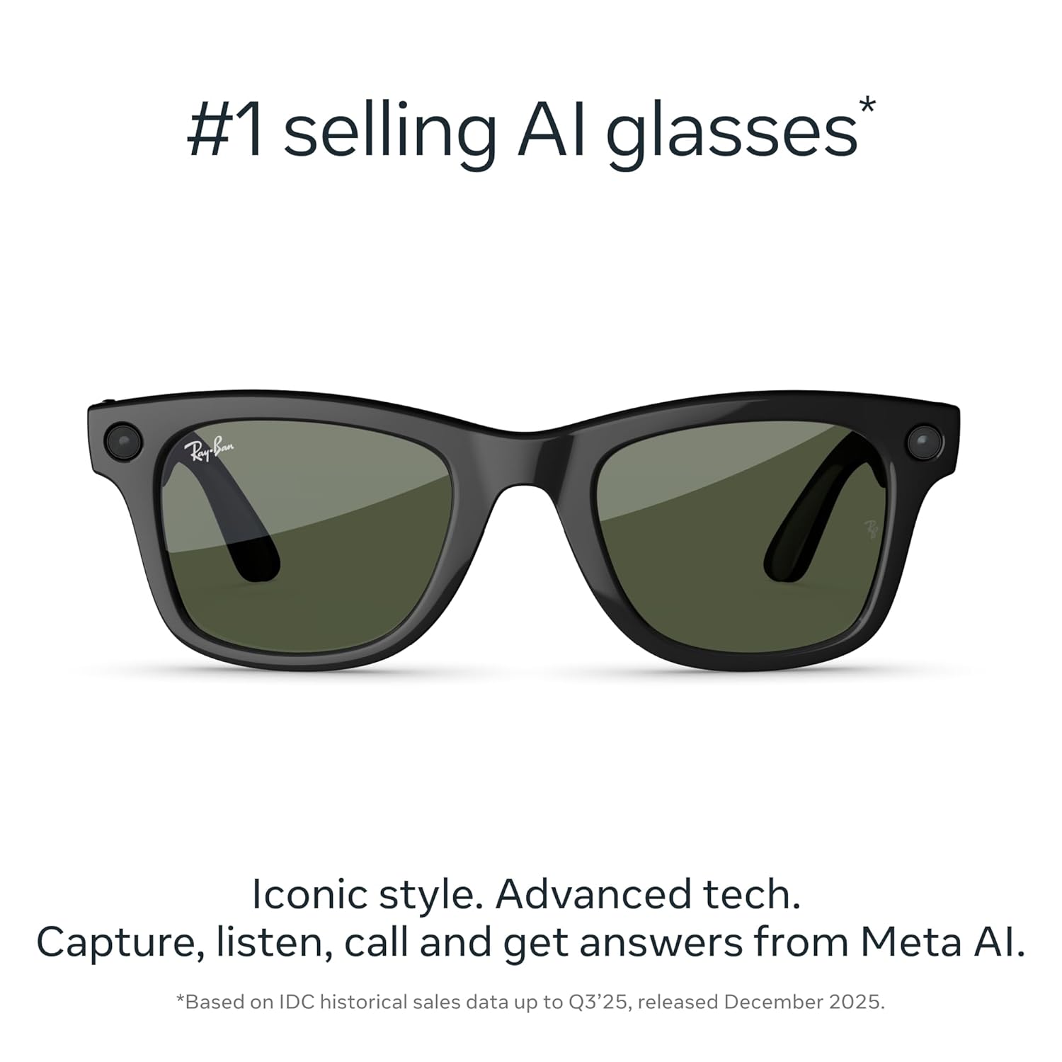 Ray-Ban Meta (Gen 2), Wayfarer, Shiny Black | Smart AI Glasses for Men, Women — 2X Battery Life — 3K HD Resolution — 12 MP Ultra-Wide Camera, Audio, Video — Green Lenses — Wearable Technology