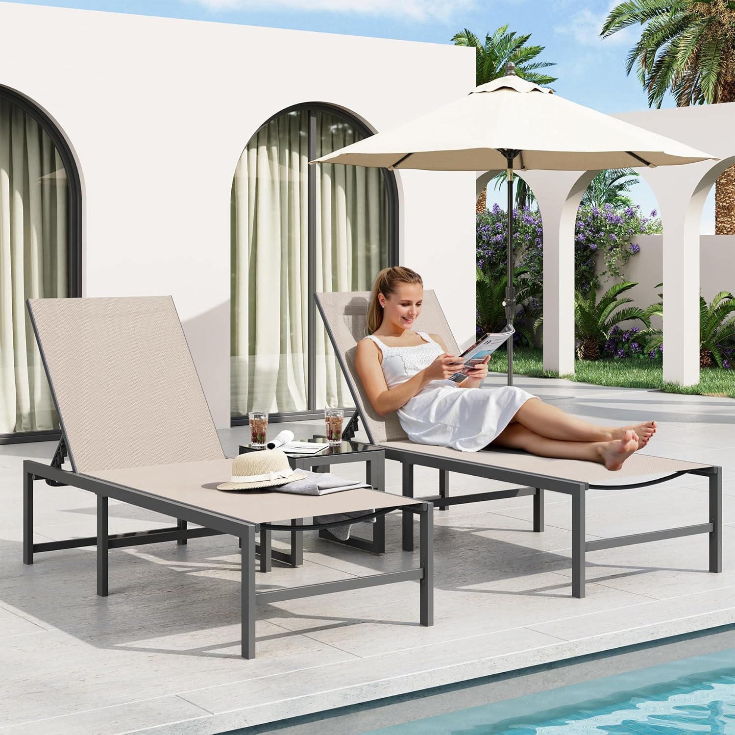 Amopatio 3 Piece Patio Lounge Chair Set Adjustable Lounge Chairs Set of 2 with Side Table for Poolside Weather Resistant Outdoor Chaise Lounge for Backyard Beach, 400 LBS Capacity(Khaki)
